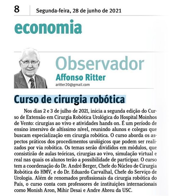 Nota Jornal do Comércio – Curso de cirurgia robótica